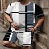 Men's Summer Geometric Set: Short Sleeve Tee & Matching Shorts with Bold Black-White-Grey Line Pattern. Loose Fit Big Size Streetwear for Daily Wear