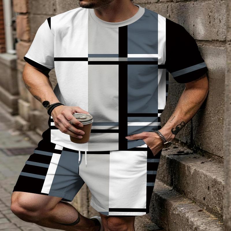 Men's Summer Geometric Set: Short Sleeve Tee & Matching Shorts with Bold Black-White-Grey Line Pattern. Loose Fit Big Size Streetwear for Daily Wear