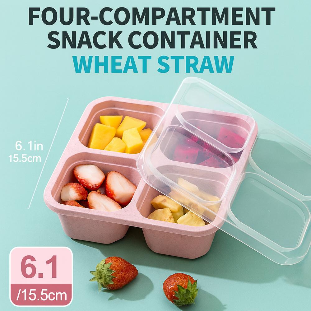 4-Grid Wheat Straw Snack Storage Box With Lid Stackable Anti-Slip Fruit Container For Kitchen Or Office