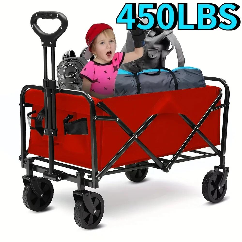 450LB Capacity Heavy Duty Folding Coffee Wagon Cart with All-Terrain Wheels, Ergonomic Handle & Mesh Pockets Cart for Outdoor
