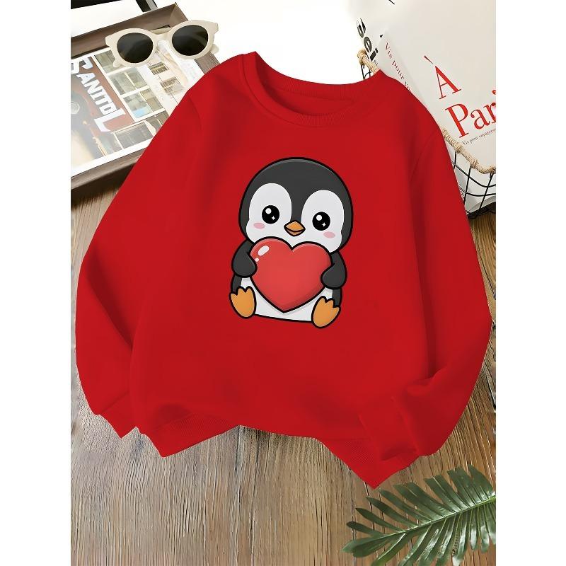 Kids Unisex Crewneck Sweatshirt, Cute Cartoon Penguin Holding Red Heart Print Soft Fleece Pullover For Kids Over 4 Years Old