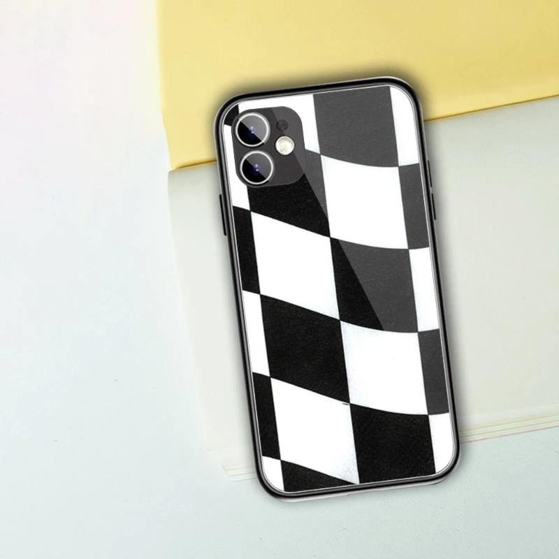 Black White Checkered Phone Case For IPhone 13 12 11 XS X 8 7 6 Plus Mini Pro Max SE 2022 Black PC TPU Glass Phone Cover