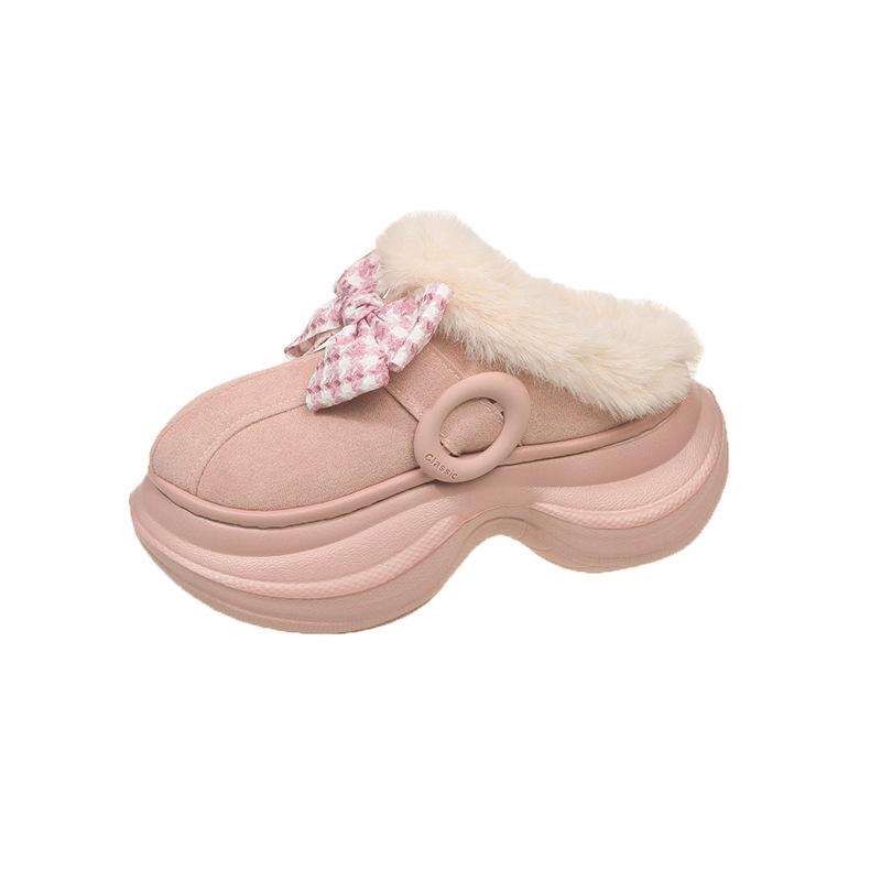 Hairy slippers women's winter cute bow outer wear thick bottom heightened non-slip piled thickened warm bag head cotton mop
