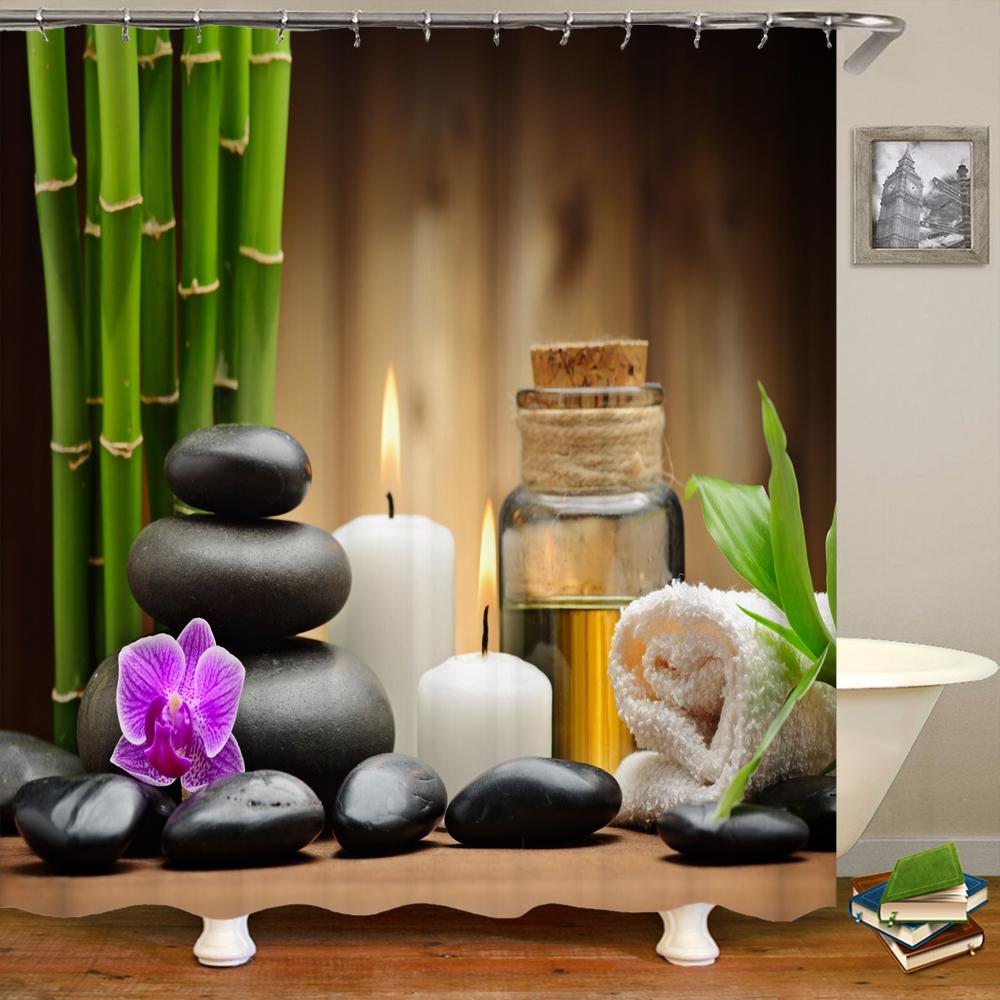Zen Shower Curtain 3D Stone Running Water Flower Plant Shower Curtains Waterproof Mold Proof Curtain Washable Zen Shower Curtain