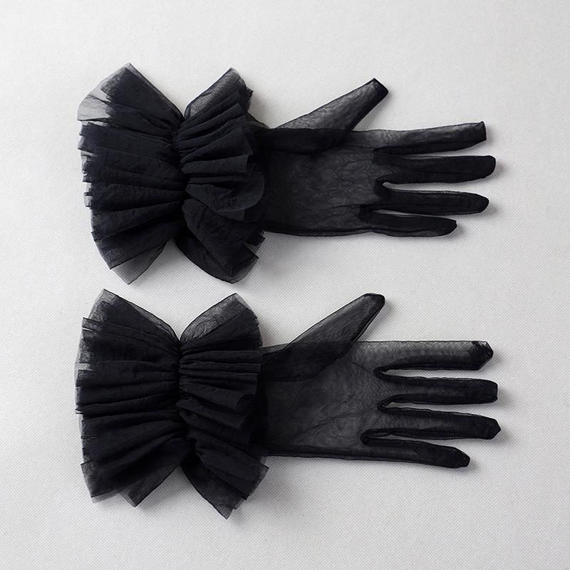 Sexy Black Ruffle Bridal Gloves Puffy Wrist Tulle Transparent Mitten Wedding Costume Accessories Short Tea Party Gloves