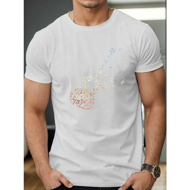 European Size Men'S Summer T-Shirt with Guitar Music Notes Short Sleeves