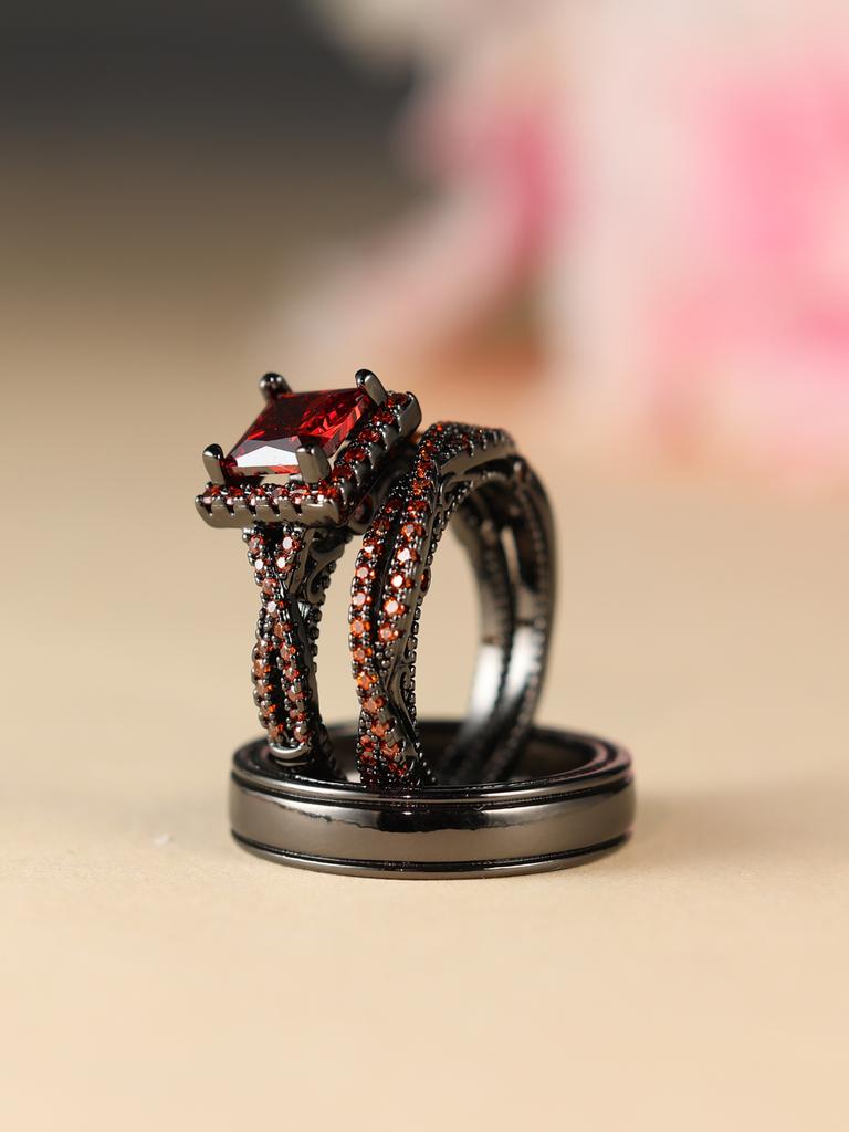 Rose Gold Three Piece Ring Set with Diamonds, Zirconia, Full Diamond, Female Pair Ring, Male Ring