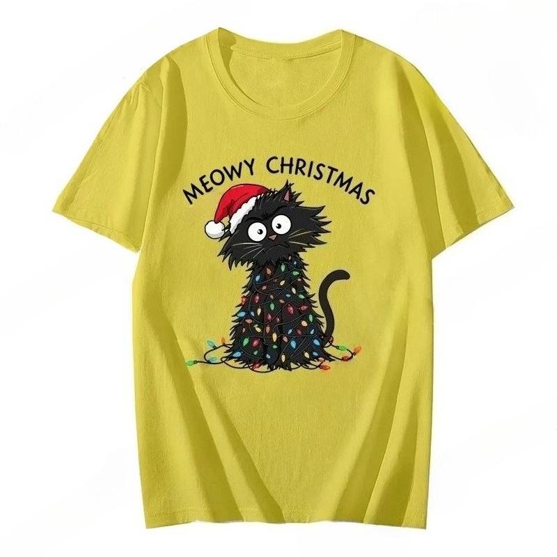 Womens casual pattern Tshirt  Meowy Christmas print Christmas short sleeved round neck Tshirt Christmas Day Tshirt