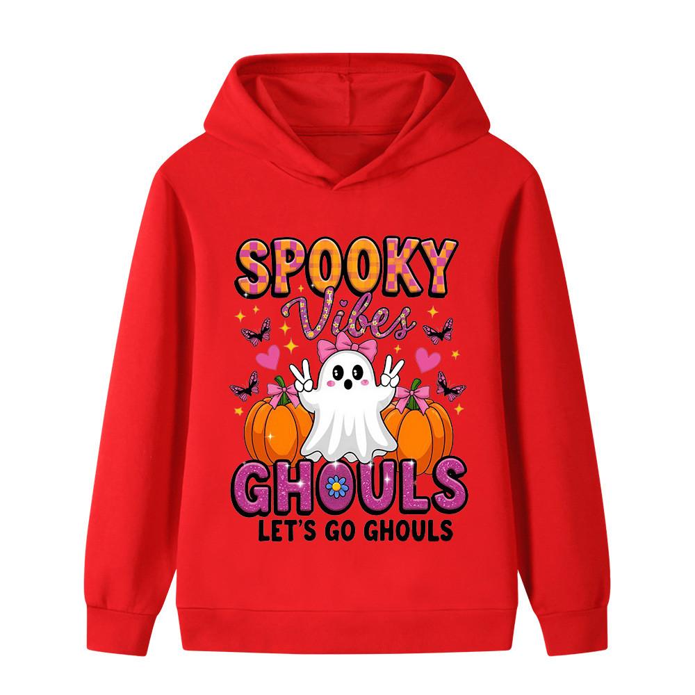 Warm Children Hooded Pullover, Lovely Ghost Pumpkin And Colorful Halloween Text Graphic, Autumn Winter Long Sleeve Sweatshirt For Kids Casual Outfit