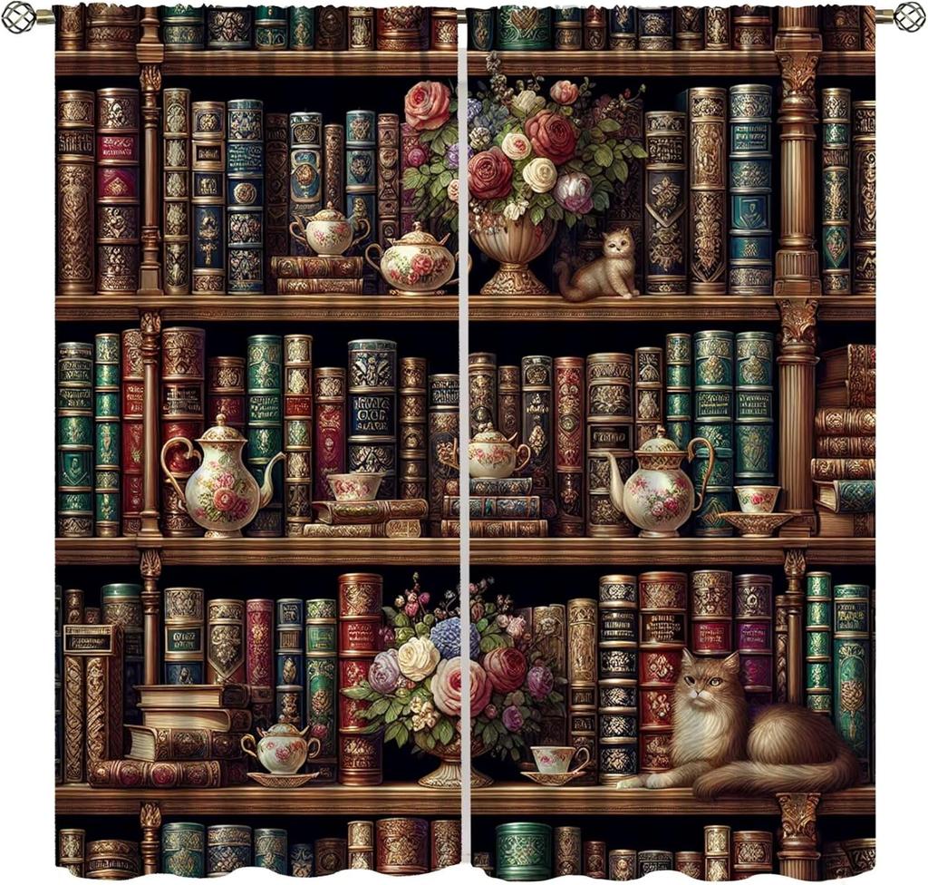 Gothic Bookshelf Curtain Antique Bookcase Spooky Skull Magic Book Halloween Themed Decor Window Kids Teens Adults Curtains Made Of Polyester