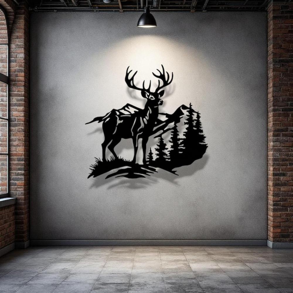 Forest Wildlife Metal Wall Art Deer Mountain Silhouette Steel Sculpture Home Decor