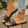 Fashion Women's Metal Chain Decor Flat Slippers Fashion Square Toe Non Slip Beach Slides Sandals Woman Summer Comfort Outdoor Slippers