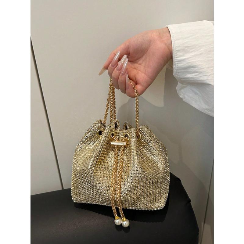 Fashion Solid Color Hollow Out Woven Chain Drawstring Mini Crossbody Bucket Bag