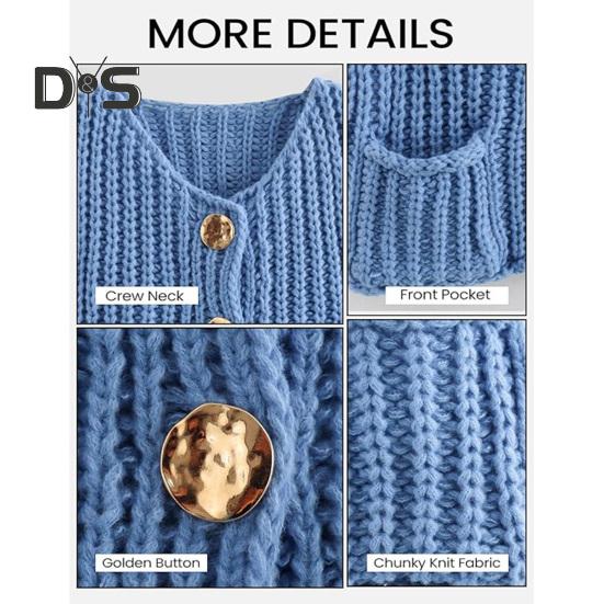 Knit Cropped Cardigan Sweater V-Neck Long Sleeve Buttons Down Loose Fit Sweater Coat with Pockets Solid Color Knitwear