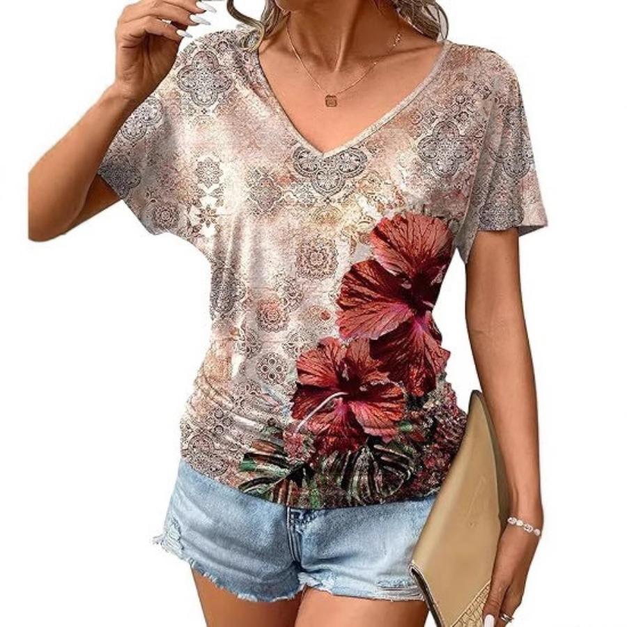 women fashion v neck short sleeve 3d print t shirt summer comfortable sportwear tops