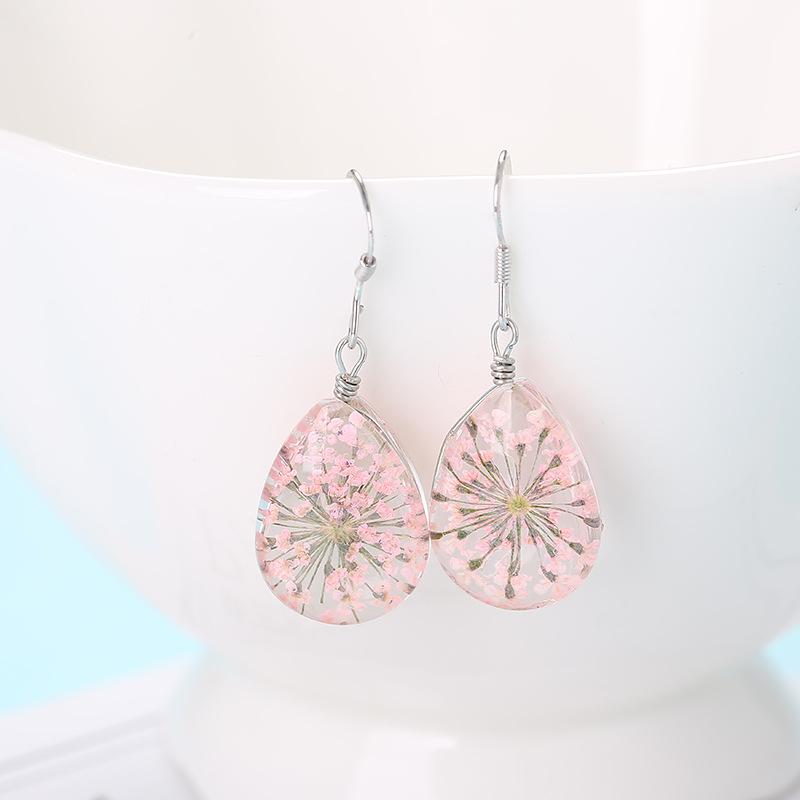 Original Hand-Wound Water Drop Dried Flower Specimen Earrings Qingren, Student Gift E88