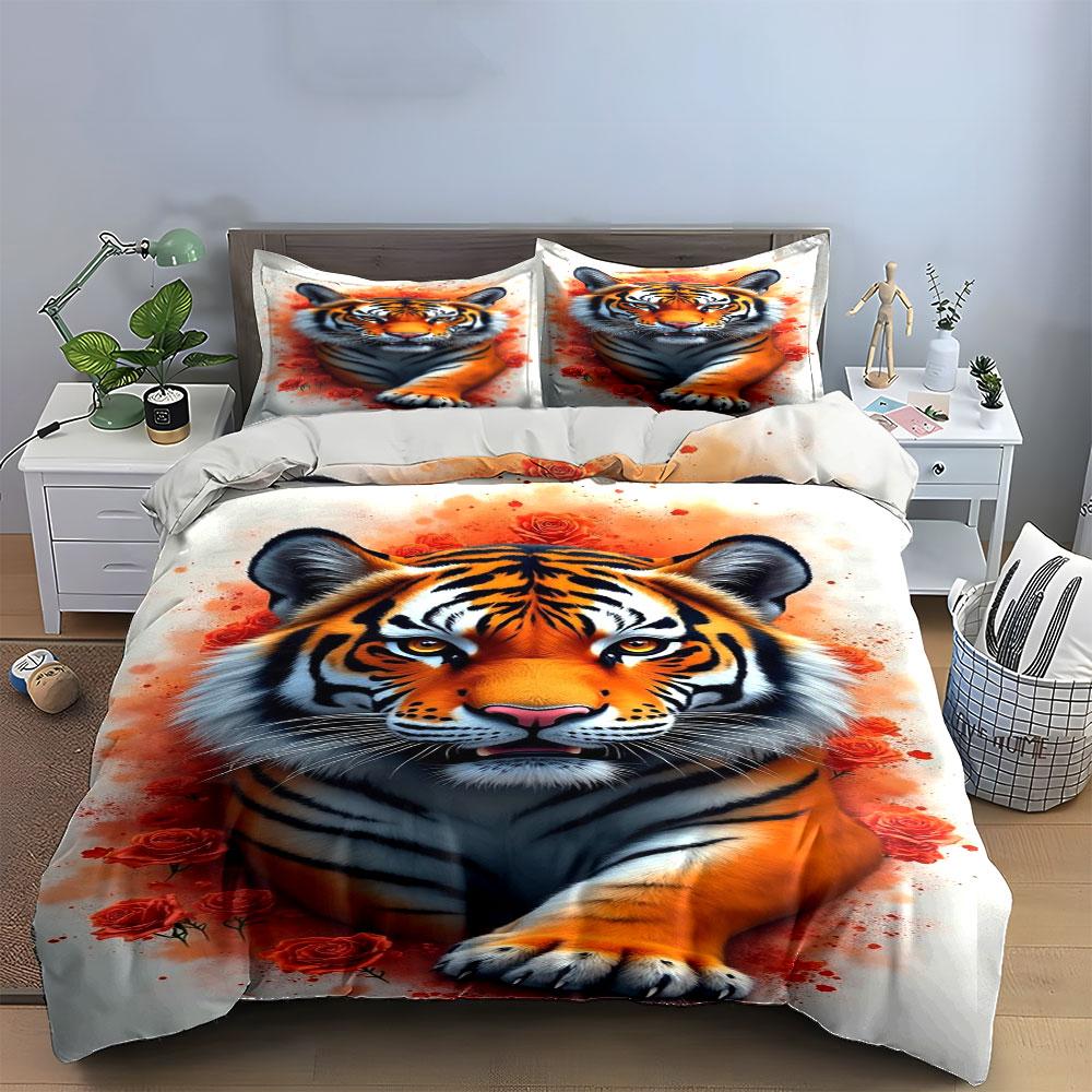Tiger with red roses. Bedding sets Duvet cover sets Duvet covers Pillowcases(1*Duvet Cover 2*Pillowcases without duvet insert)