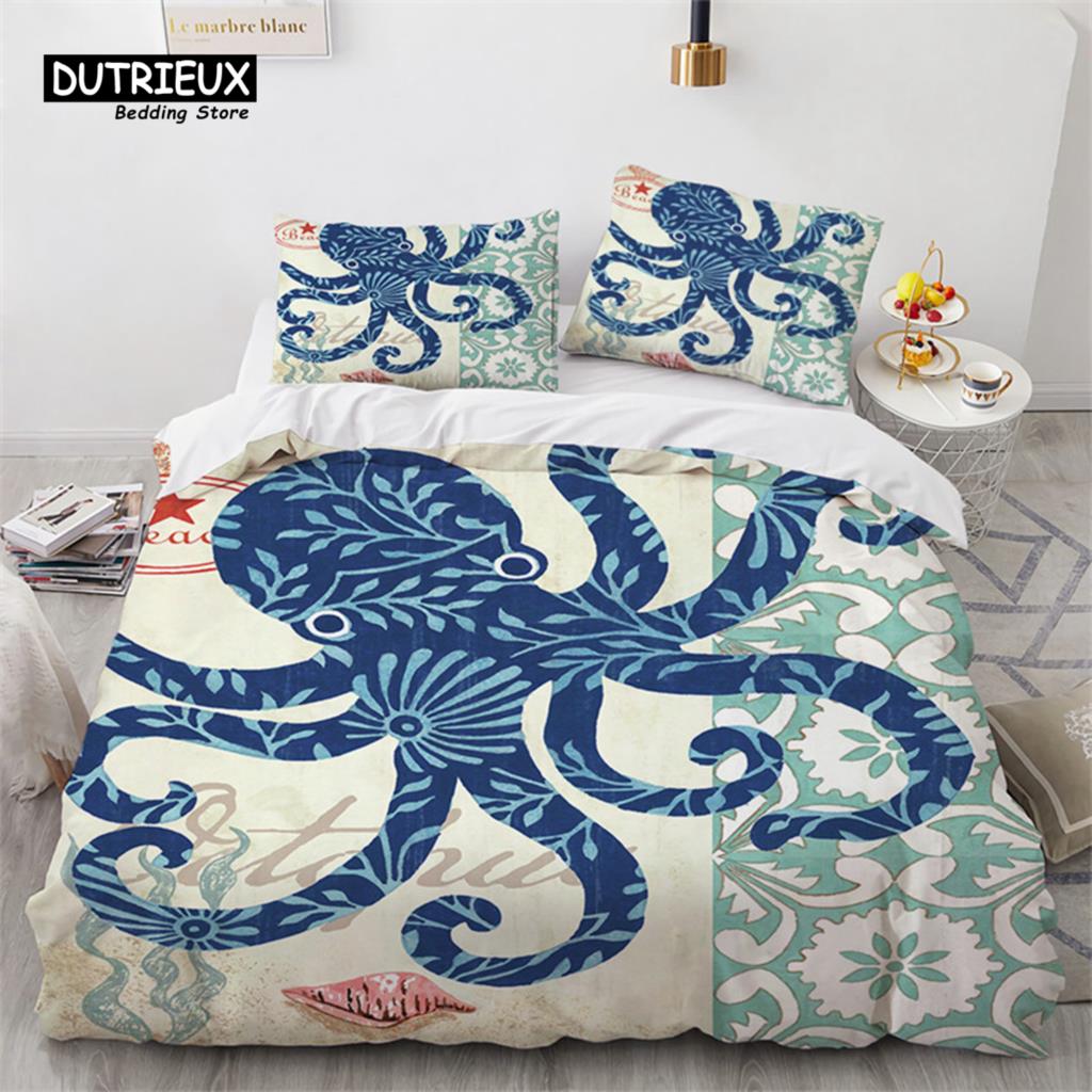 Poszwa na kołdrę z żółwiem morskim w stylu śródziemnomorskim, zestaw pościeli z nadrukiem zwierząt oceanicznych: ośmiornica, konik morski, motyw morski z poszewkami na poduszki