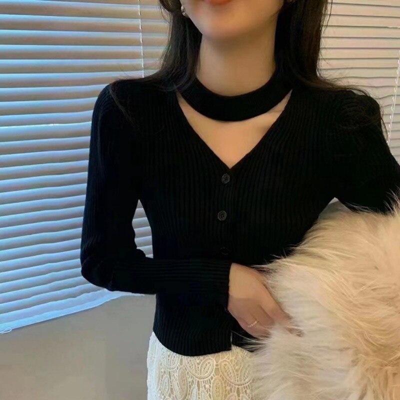 

Корейская Мода Кардиган с V-образным вырезом на бретелях Женские Вязаные Топы Осень Зима Французский Стиль Свитер с Пышными Рукавами Одежда One Size