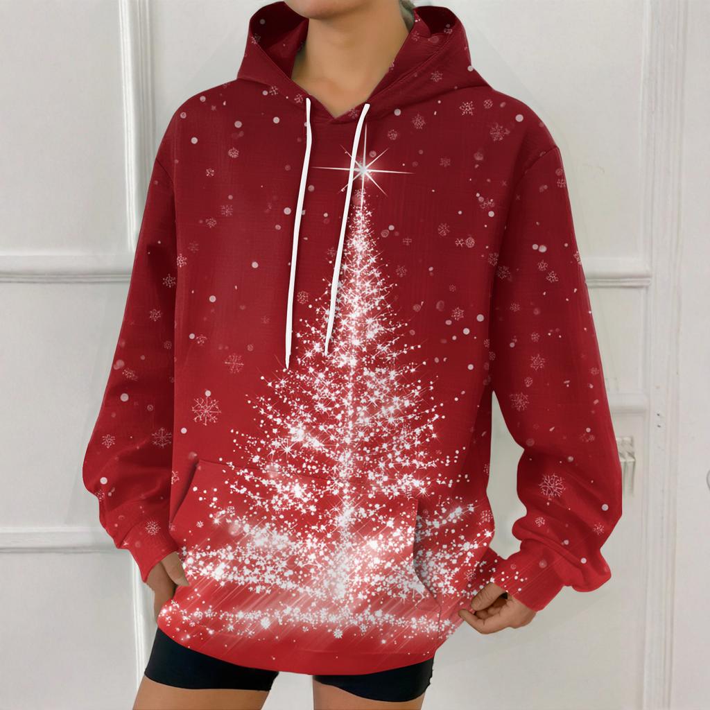 Women's Fashion Sweatshirt Christmas Print Casual Hooded Sweatshirt With Pockets