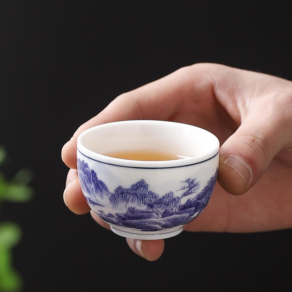 Dehua Blue & White Dragon Pattern Ceramic Tea Cup Set - Chinese Retro Kung Fu Style