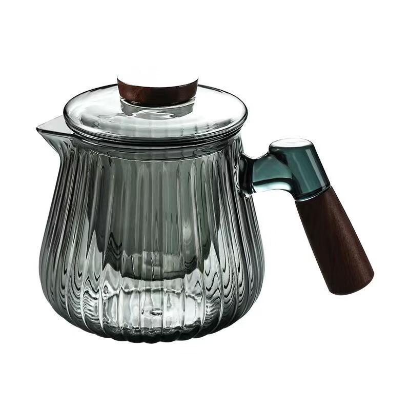 ZISIZ Striped Glass Teapot with Wooden Handle