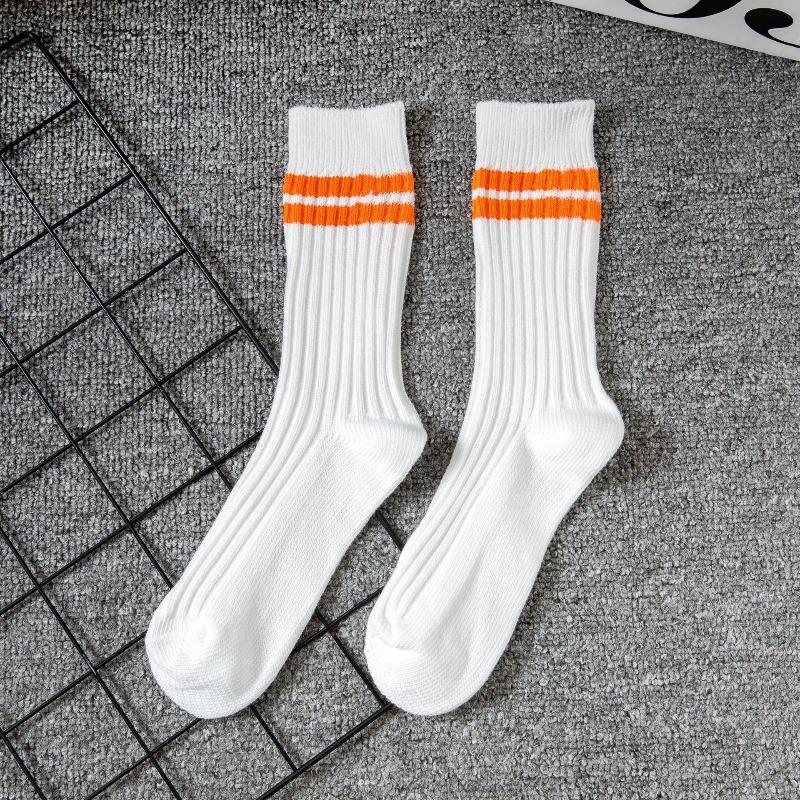 Fall/Winter Men's Double-Stitch Thick Stripes Mid-Calf Socks Men's Trend White Double Stripes Long-Sleeved Cotton Men's Socks