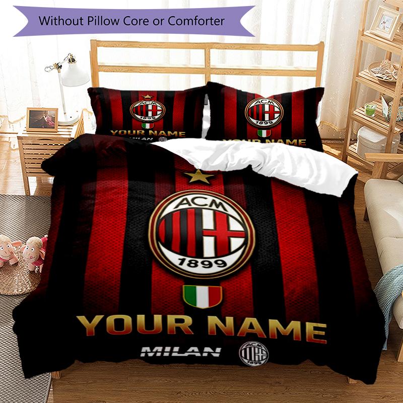3pcs Custom Name AC Milan Crest Printed Bedding Set Duvet Cover Closure Includes 1 Duvet Cover & 2 Pillowcases, Soft and Comfortable for All Seasons.