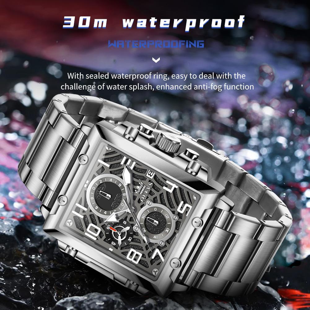 OLEVS Mens Watch Original Square Quartz Watch Waterproof Luminous Stainless Steel Sport Clock Reloj Watch For Men