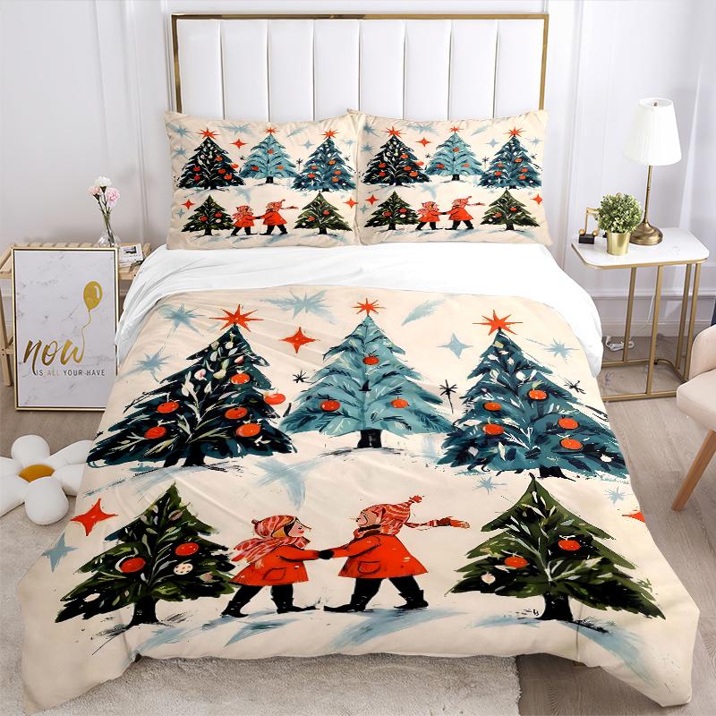 3pcs Christmas Tree in the Snow Bedding Set, 1 Soft Quilt Cover + 2 Pillowcases, Machine Washable, Suitable for All Seasons