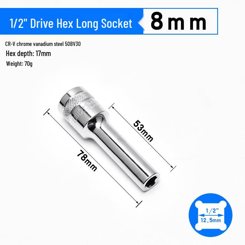 Dafei Hexagonal Extended Socket Head Set 8-32mm, 1/2 Ratchet Wrench Socket, Hollow Type.