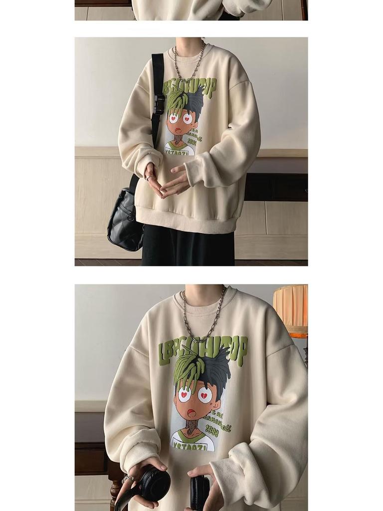 Men's American Cartoon Hip Hop Plus Velvet Thickened Hoodie - Round Neck Autumn Winter Outerwear