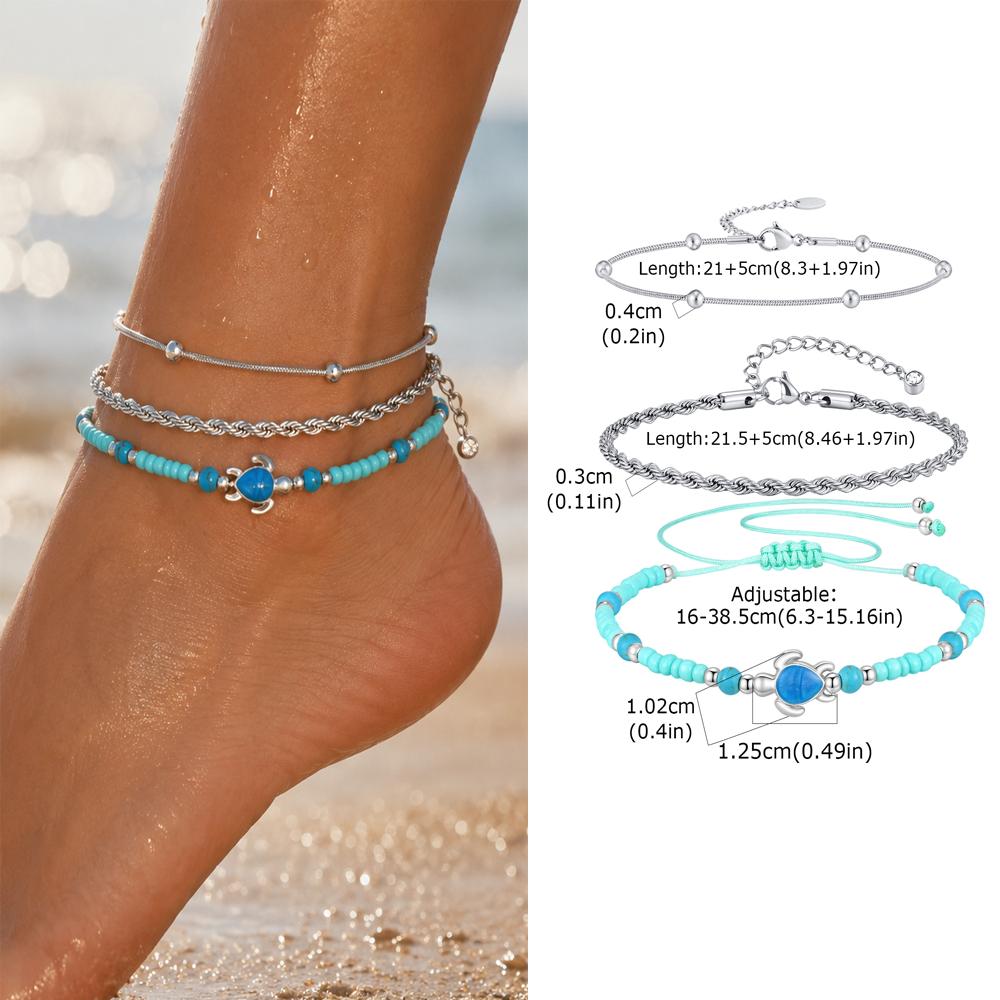 Set di cavigliere con catena blu e perline a forma di tartaruga marina stile Boho per donna, Cavigliera in acciaio inossidabile color argento, Gioielli alla moda per il piede
