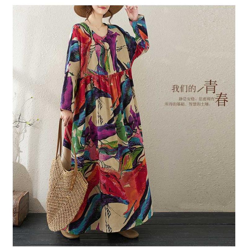 Round Neck Loose Plus Size Literary Plus Long Sleeve Dress