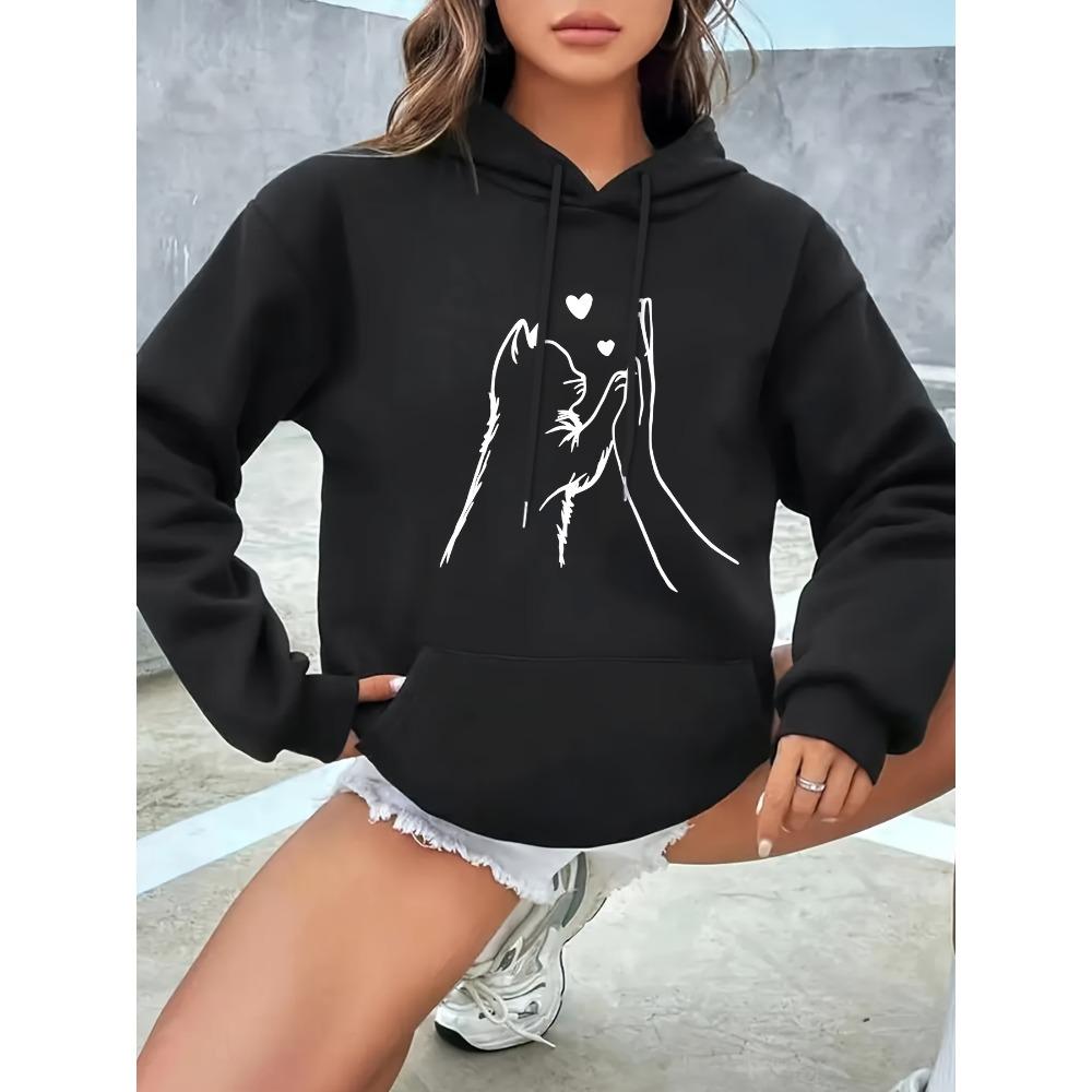 Hoodie Women's Casual Hooded Sweatshirt with Cute High-Fiving Cats  Hearts Graphic Print Fall Winter Warm Hoody