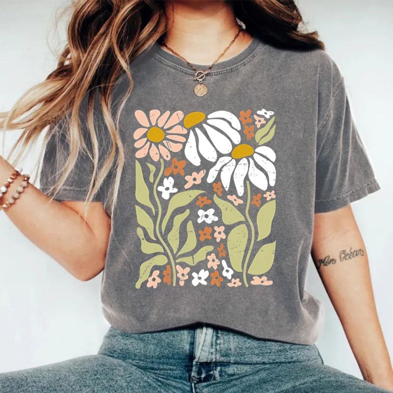 Women's Washed and Aged Floral Round Neck Loose Short Sleeve Casual Top