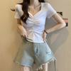 Hotsweet Elegant V-Neck Slim T-shirts Summer Fashionable Folds Female Clothing Short Sleeve Basic Solid Color Short Pullovers