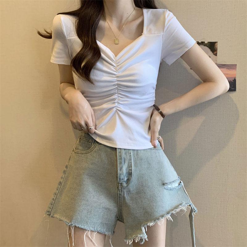 Hotsweet Elegant V-Neck Slim T-shirts Summer Fashionable Folds Female Clothing Short Sleeve Basic Solid Color Short Pullovers