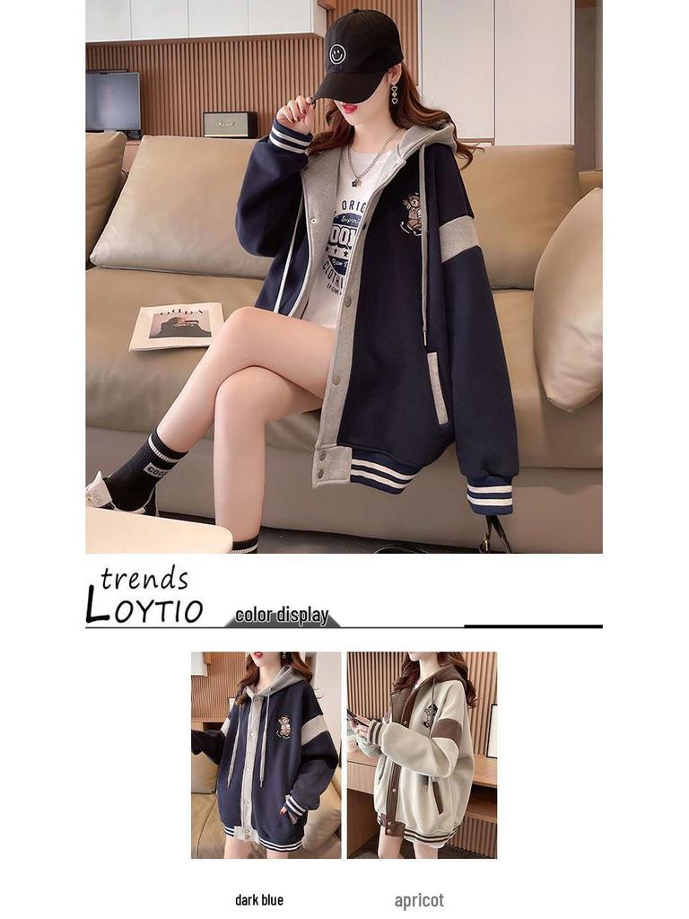 Women's Fleece-Lined Hooded Sweatshirt: Autumn/Winter Loose Fit Korean-Style Baseball Jacket