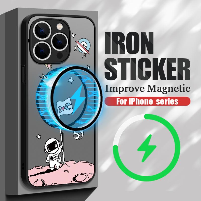 Magnetic Matte Phone Case For iPhone 16 15 Pro 14 13 Pro Max 16e 14 For Magsafe Cartoon Astronaut Pattern Hard Back Cover Fundas