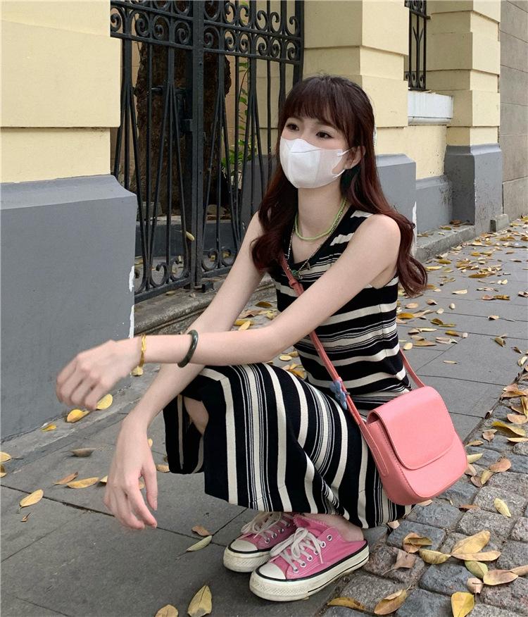 2025 Korean Style Chic Striped Sleeveless Midi Vest Dress for Women - Slim Fit