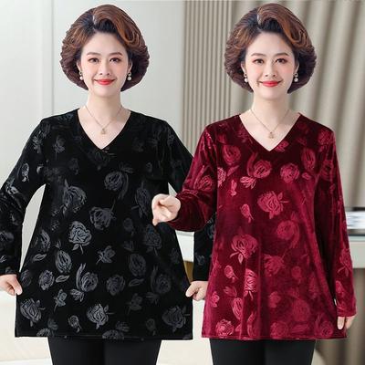 Women's Plus Size Velvet Blouse V-Neck Loose Printed Velvet Blouse Spring and Autumn Long Sleeve Plus Size T-Shirt Top