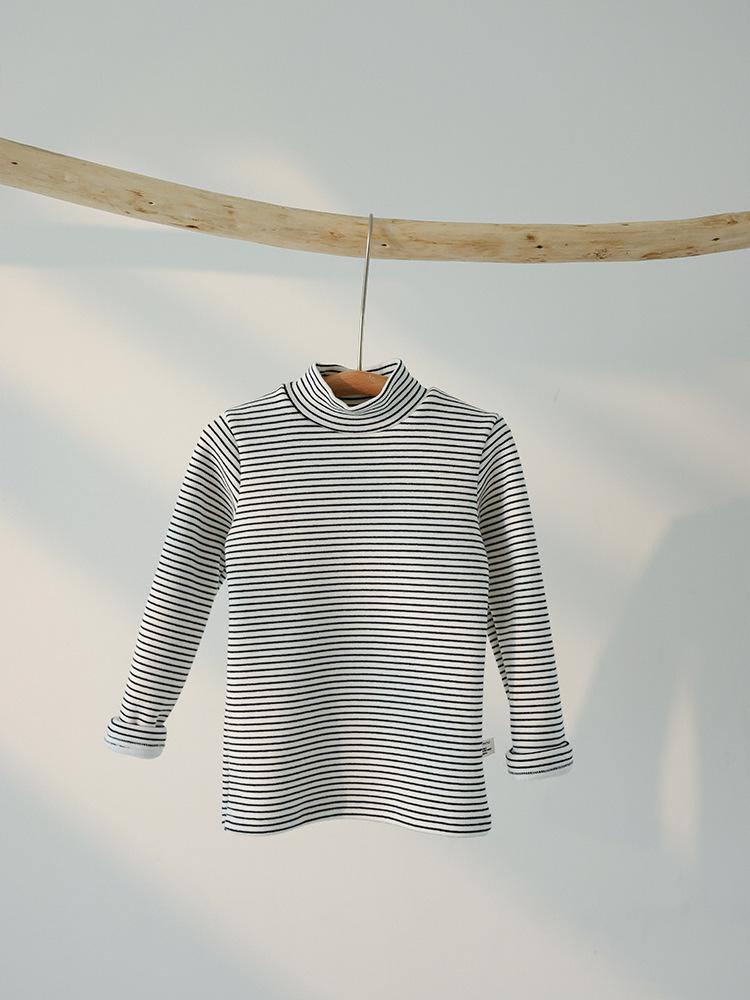 Kids' Winter Striped Velvet-Enhanced Thick Warm High-Collar Long-Sleeve T-Shirt