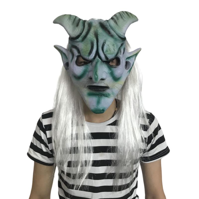 Silver-haired mask, Halloween horror ghost face costume prop, latex headgear, wig, masquerade, Silver Horned King
