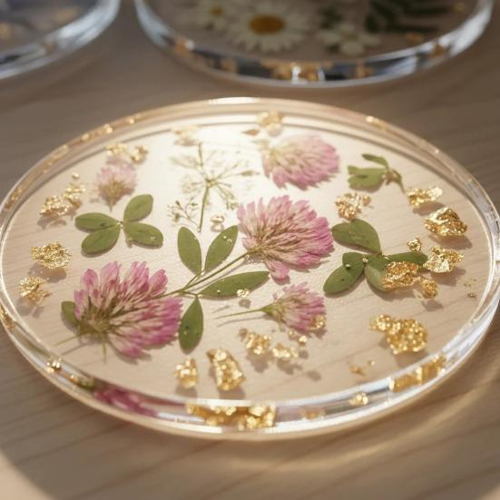 4Pcs Acrylic Dried Flower Coaster Heat-Resistant Waterproof Cup Mat Transparent Non-Slip