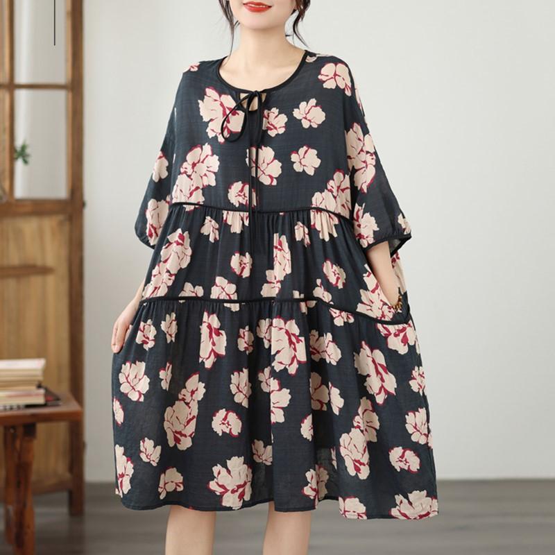Kurzarm Übergröße Baumwoll-Leinen Vintage floral Neu im Sortiment Kleider für Damen Freizeit locker Midi Sommerkleid