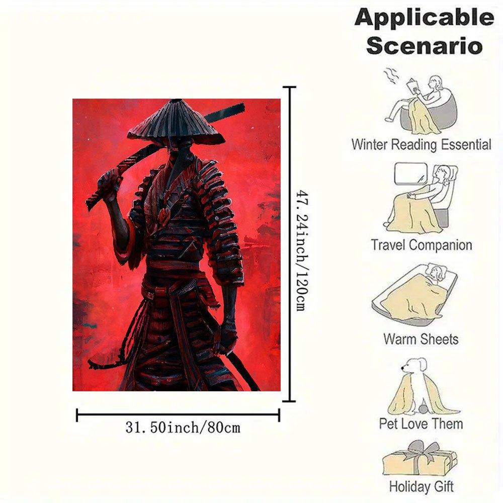 Samurai Warrior Art Print - Japanese Bushido PosterBlanket Flannel Throw Blanket for Sofa, Bed, Travel, Camping, Office, Couch, Chair, And B
