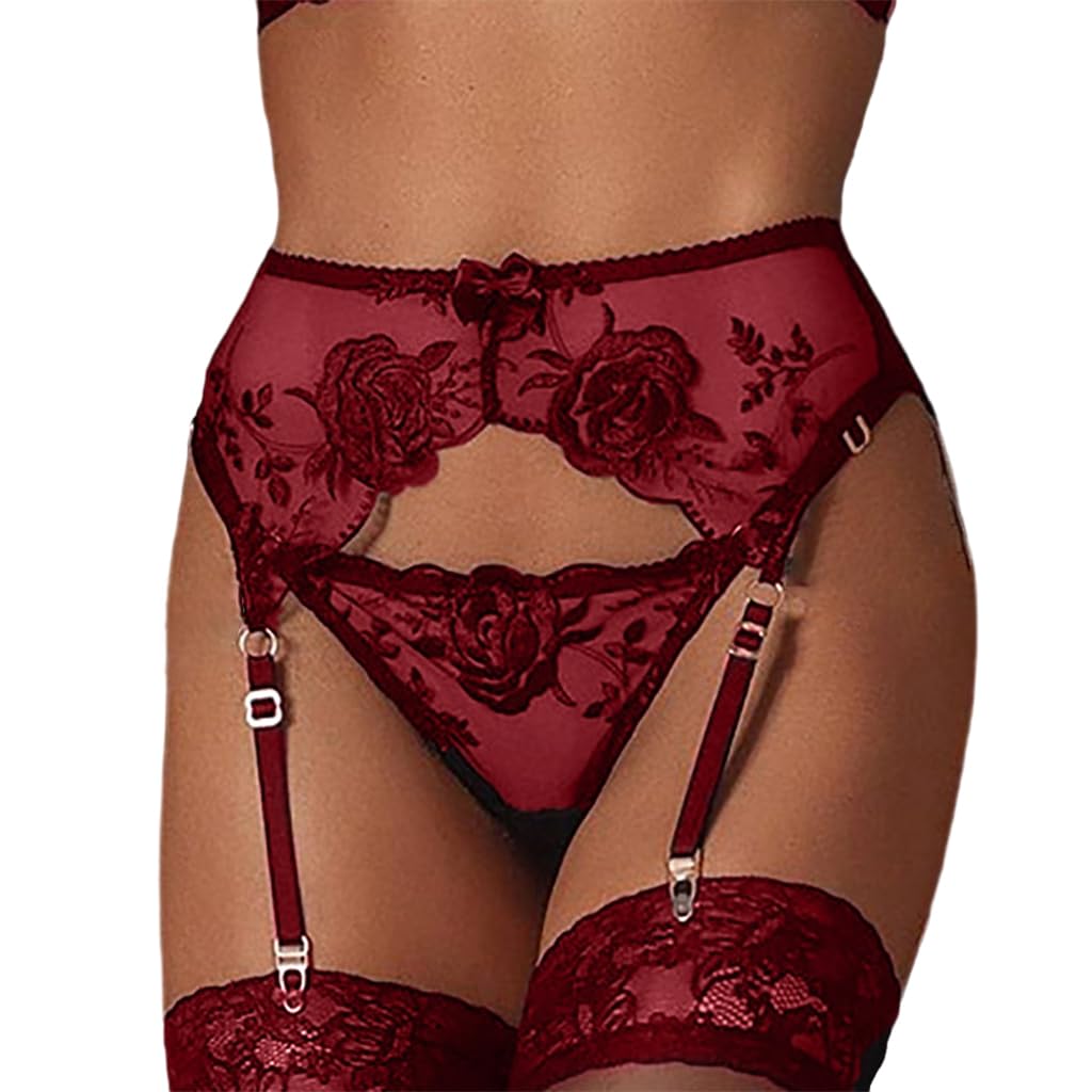 Spitzen-Strumpfhalter-Set mit Tanga für Damen Hosenträger-Dessous mit 4 Metallklammern Haltergurte für Strümpfe + Tanga
