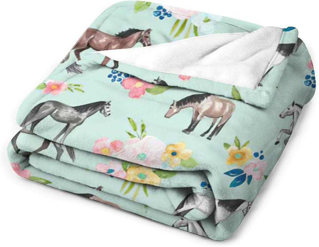 Horse Throw Blanket Super Soft Warm Floral Horse Blanket Cozy Plush Fleece Farm Stuffed Animal Horse Gifts Bedding Blanket
