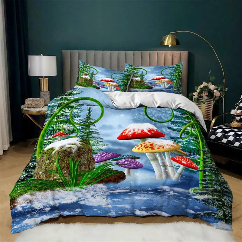Pilz Bettbezug Set Cartoon Bettwäsche Set Naturpflanzen Druck Bettdeckenbezug Kissenbezüge King Für Kinder Erwachsene Schlafzimmer Deko